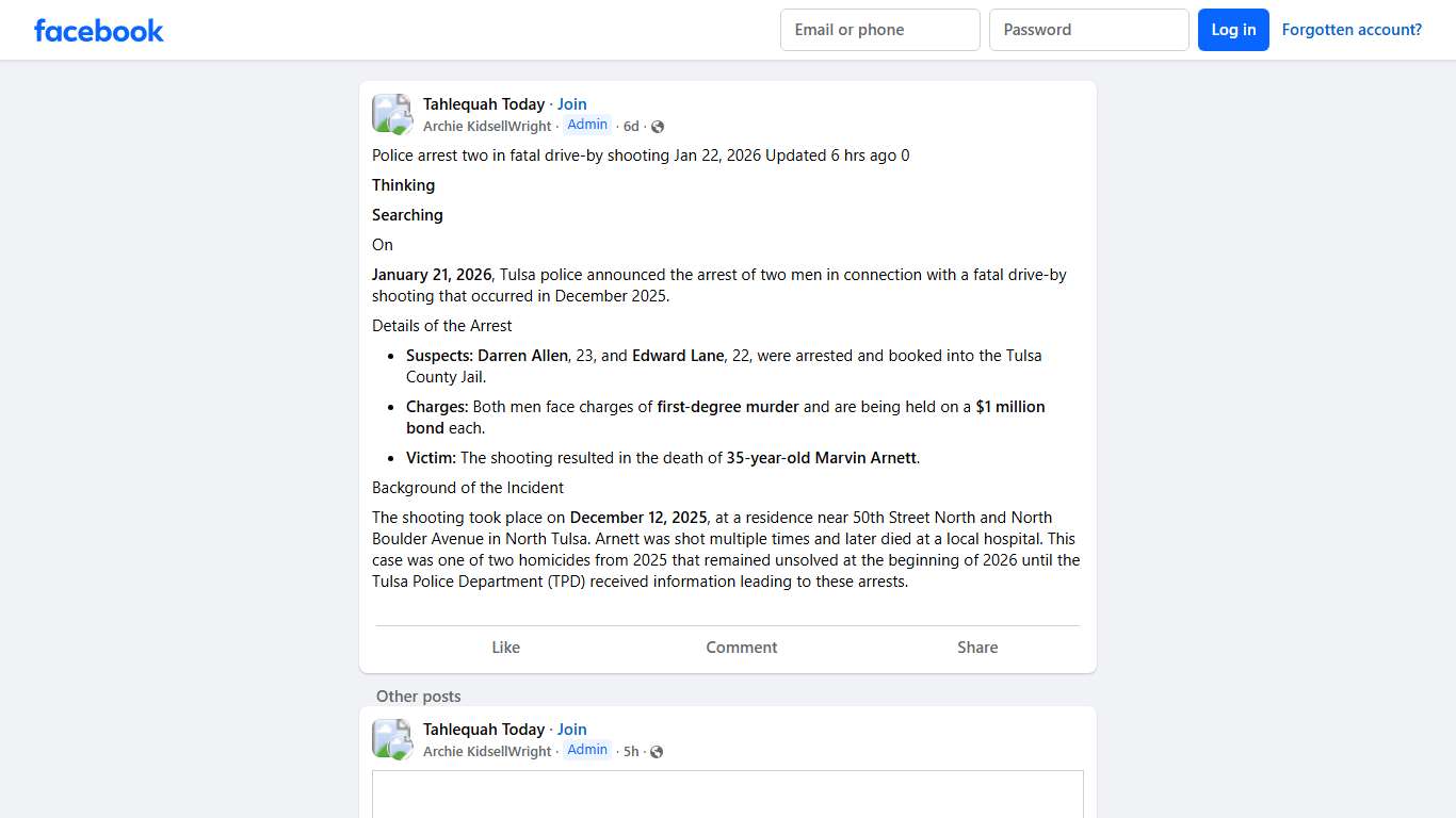 Tahlequah Today Police arrest two in fatal drive-by shooting Jan 22, 2026 Updated 6 hrs ago 0 Facebook